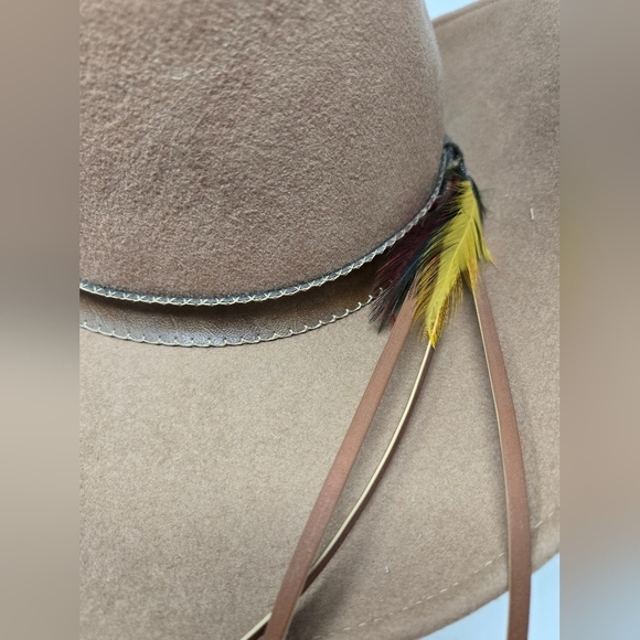 VINTAGE GEO. W BOLLMAN TAN WOOL COWBOY HAT LEATHER FEATHERS WESTERN WOMEN OS 80s - Picture 6 of 15